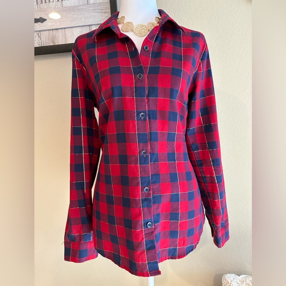 Splendid Women’s Red/Blue Long Sleeve Plaid w/Split Tail & Gold Triming - Size M